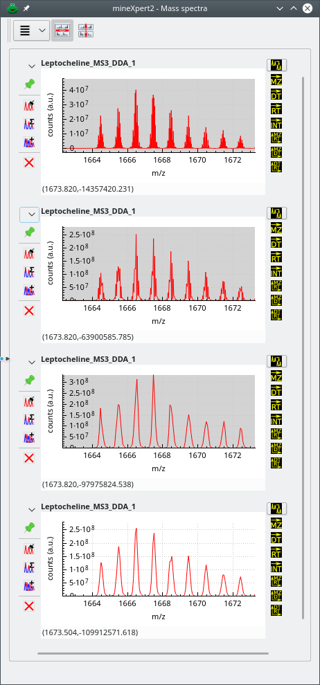 Effects of binning settings on the combination mass spectrum (middle m/z region)